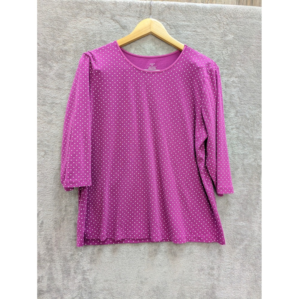 Classic Polka Dot T-Shirt Women 1X Magenta Pink 3/4 Sleeve Cotton Top